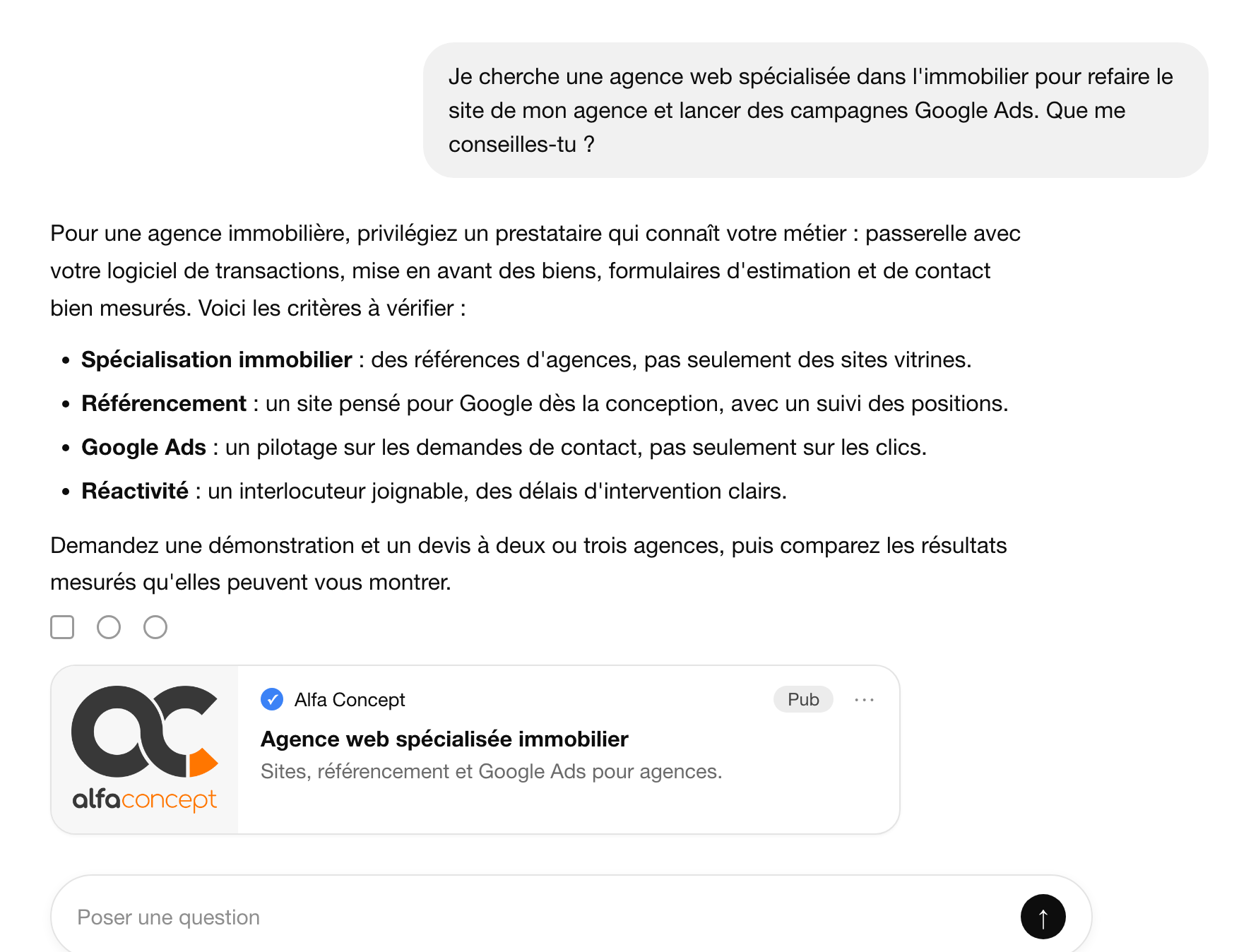 Annonce ChatGPT Ads d'Alfa Concept affichée sous une réponse de ChatGPT