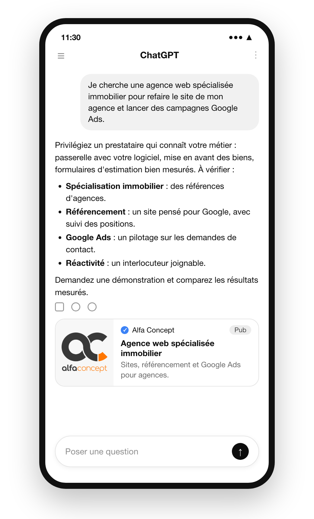Annonce ChatGPT Ads d'Alfa Concept dans l'application mobile ChatGPT